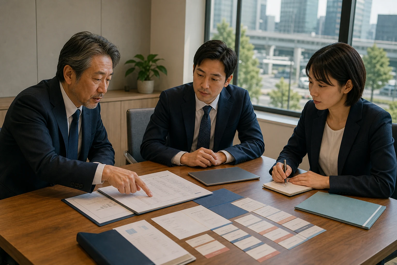 浜松町周辺の事業を想定して契約や人材、業務運営の引継ぎを確認する架空の関係者