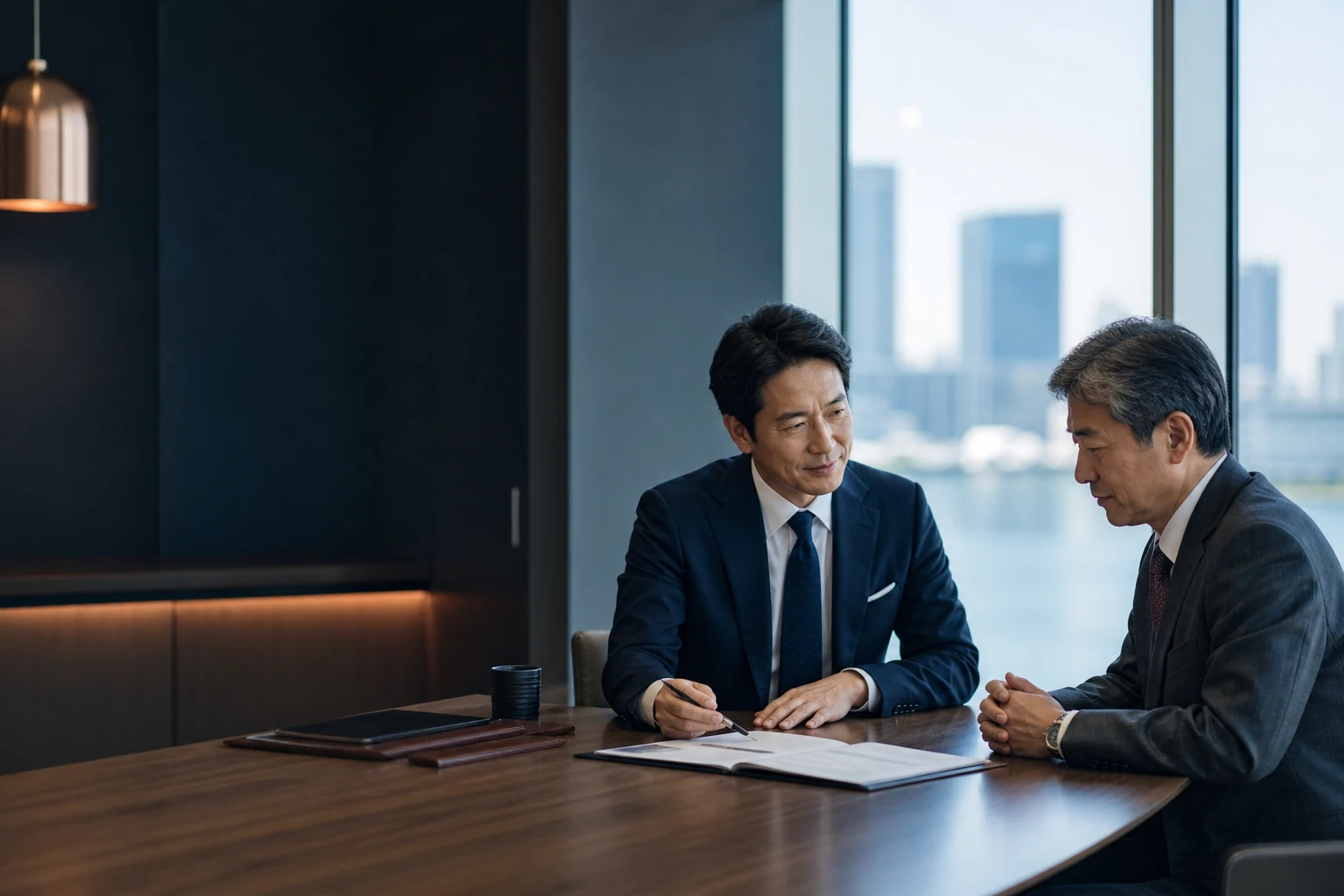 浜松町周辺を想定した会議室で事業承継計画を確認する架空の経営者とM&Aアドバイザー